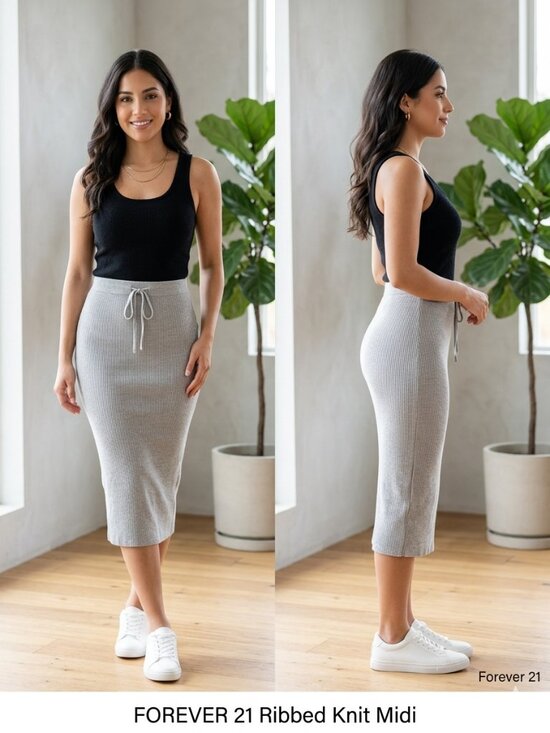 Forever 21 Dresses & Skirts - NEW Forever 21 Ribbed Knit Midi Skirt in Heather Grey - Side Medium